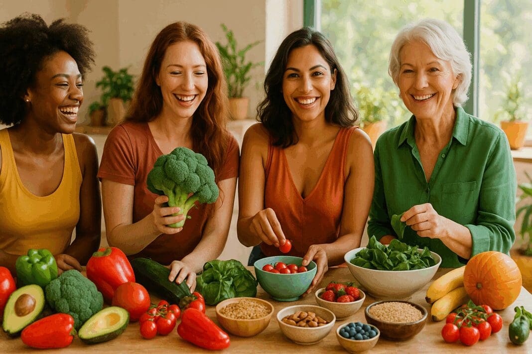 Diverse women of different ages smiling around a sunlit kitchen counter filled with fresh produce, representing top diets for women focused on wellness and balance.