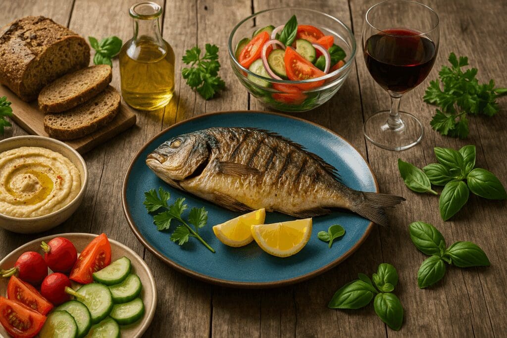 Rustic Mediterranean meal with grilled fish, hummus, whole grain bread, fresh vegetables, and wine—an example of top diets for women.