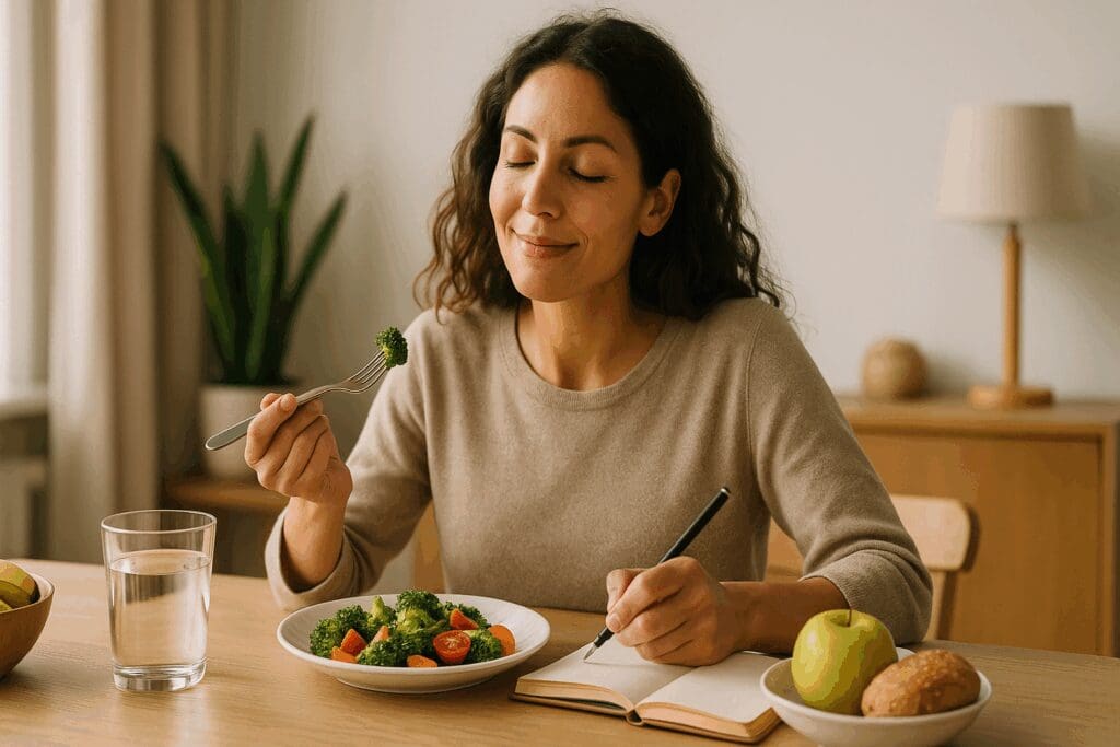Woman enjoying a wholesome meal while journaling in a calm home setting, symbolizing mindfulness and the top diets for women.