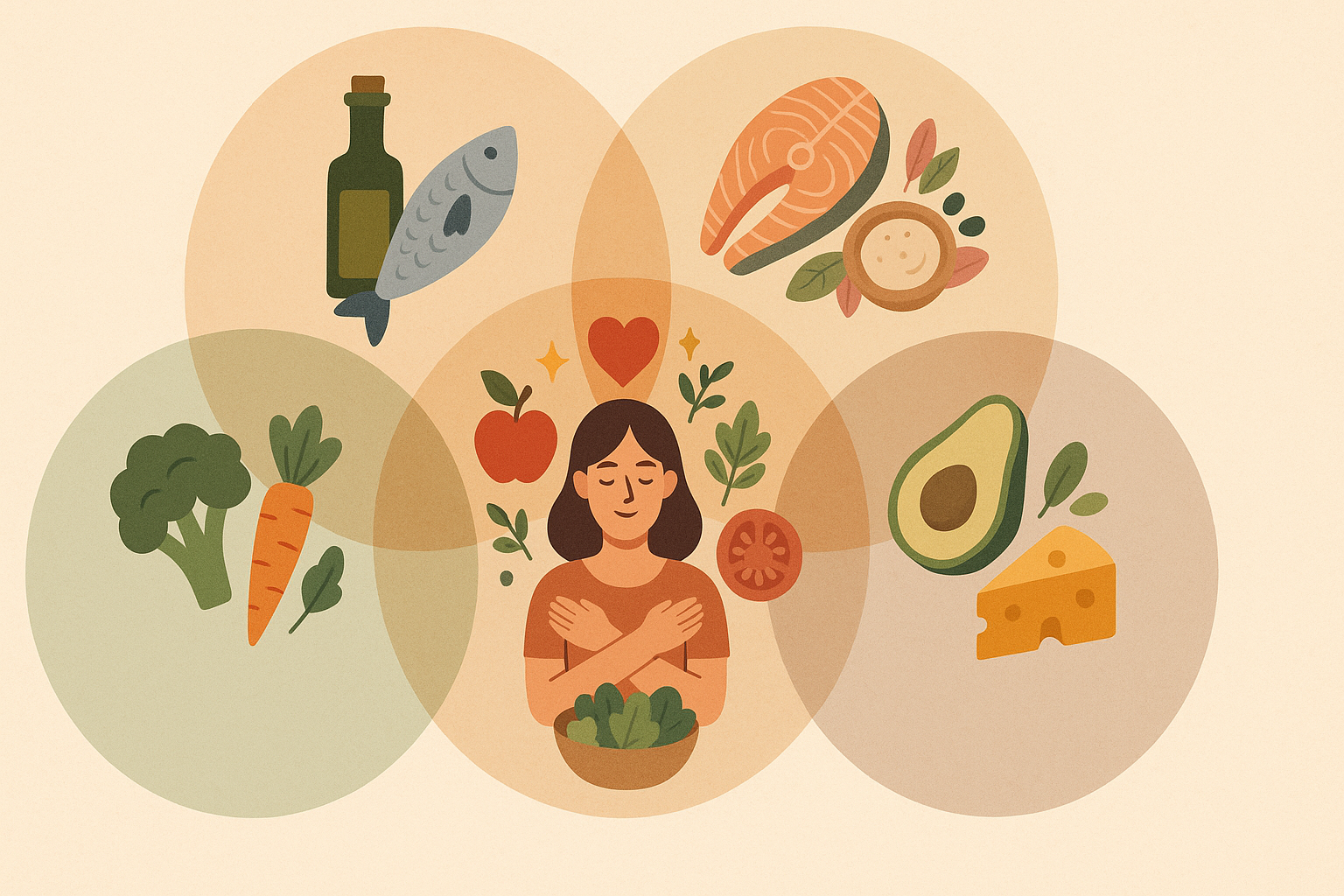 Overlapping diagram illustrating the top diets for women with icons of fish, vegetables, avocado, and mindful eating around a serene woman.