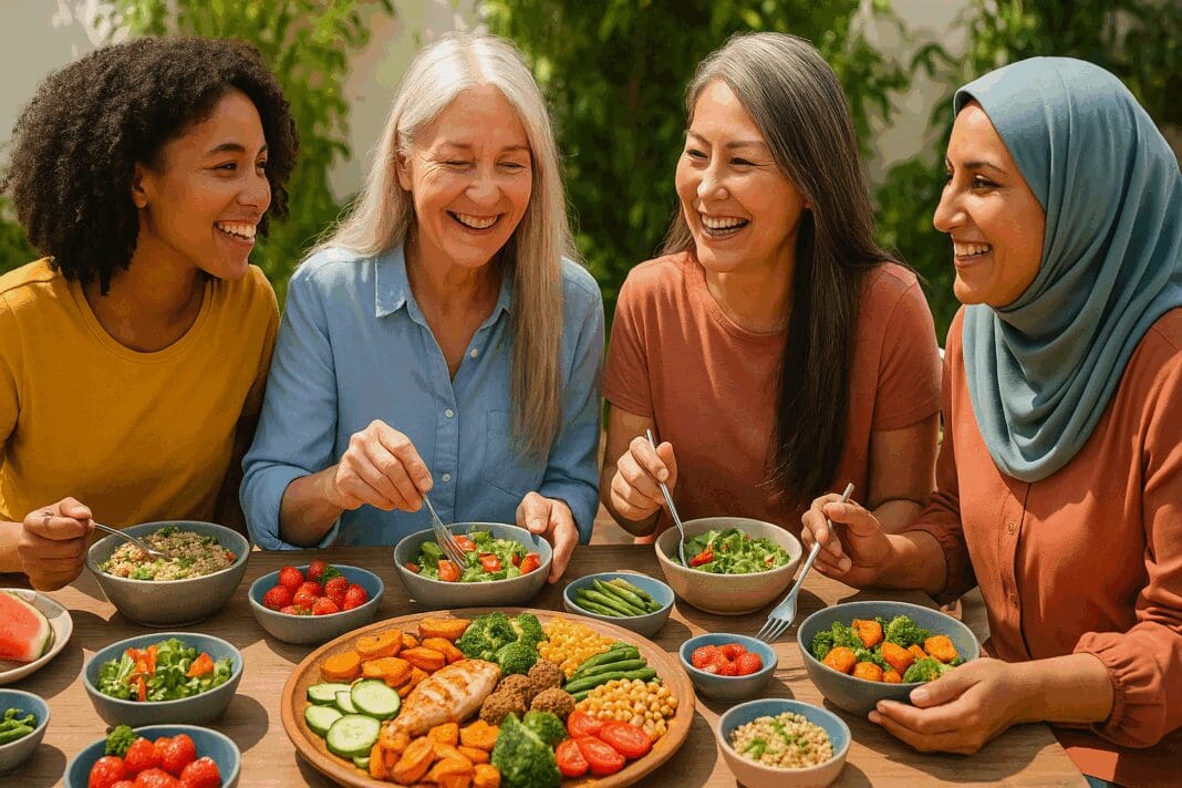 Diverse group of women enjoying a colorful outdoor meal featuring fruits, vegetables, grains, and lean proteins, promoting a healthy balanced diet for women.
