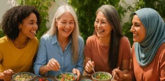 The Ultimate Guide to a Healthy Balanced Diet for Women at Every Life Stage Diverse group of women enjoying a colorful outdoor meal featuring fruits, vegetables, grains, and lean proteins, promoting a healthy balanced diet for women.