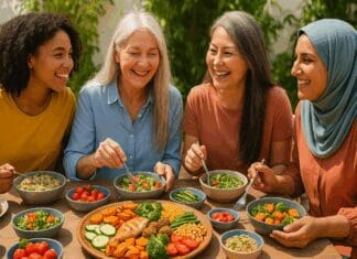 Diverse group of women enjoying a colorful outdoor meal featuring fruits, vegetables, grains, and lean proteins, promoting a healthy balanced diet for women.