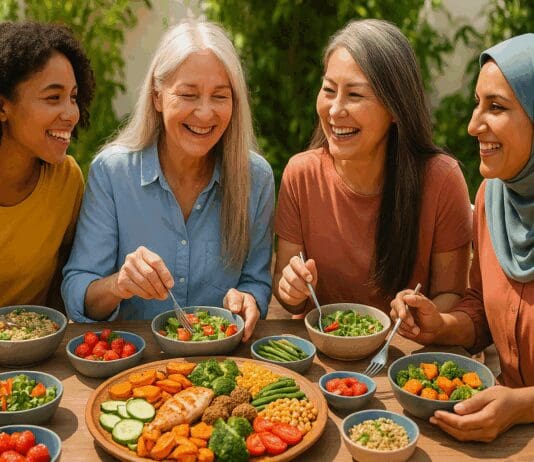 Diverse group of women enjoying a colorful outdoor meal featuring fruits, vegetables, grains, and lean proteins, promoting a healthy balanced diet for women.