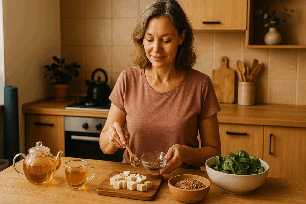 Woman in her 40s preparing a healthy balanced diet for women with tofu, flaxseeds, leafy greens, and whole grains in a cozy kitchen.