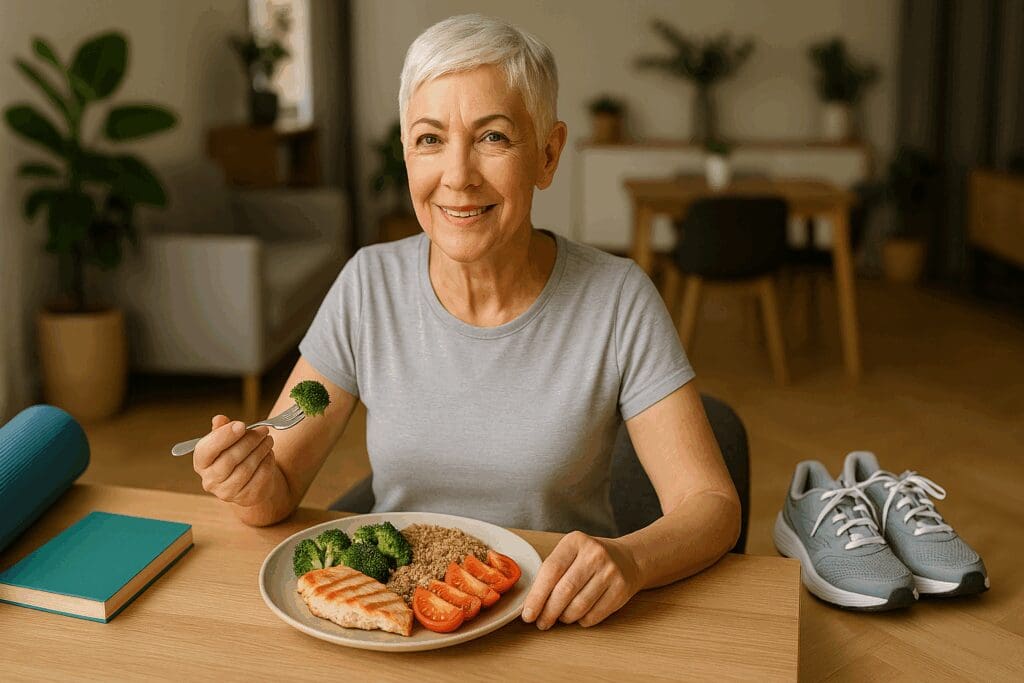 Older woman eating a healthy balanced diet for women with grilled chicken, quinoa, and vegetables in a modern dining room with yoga mat and walking shoes nearby