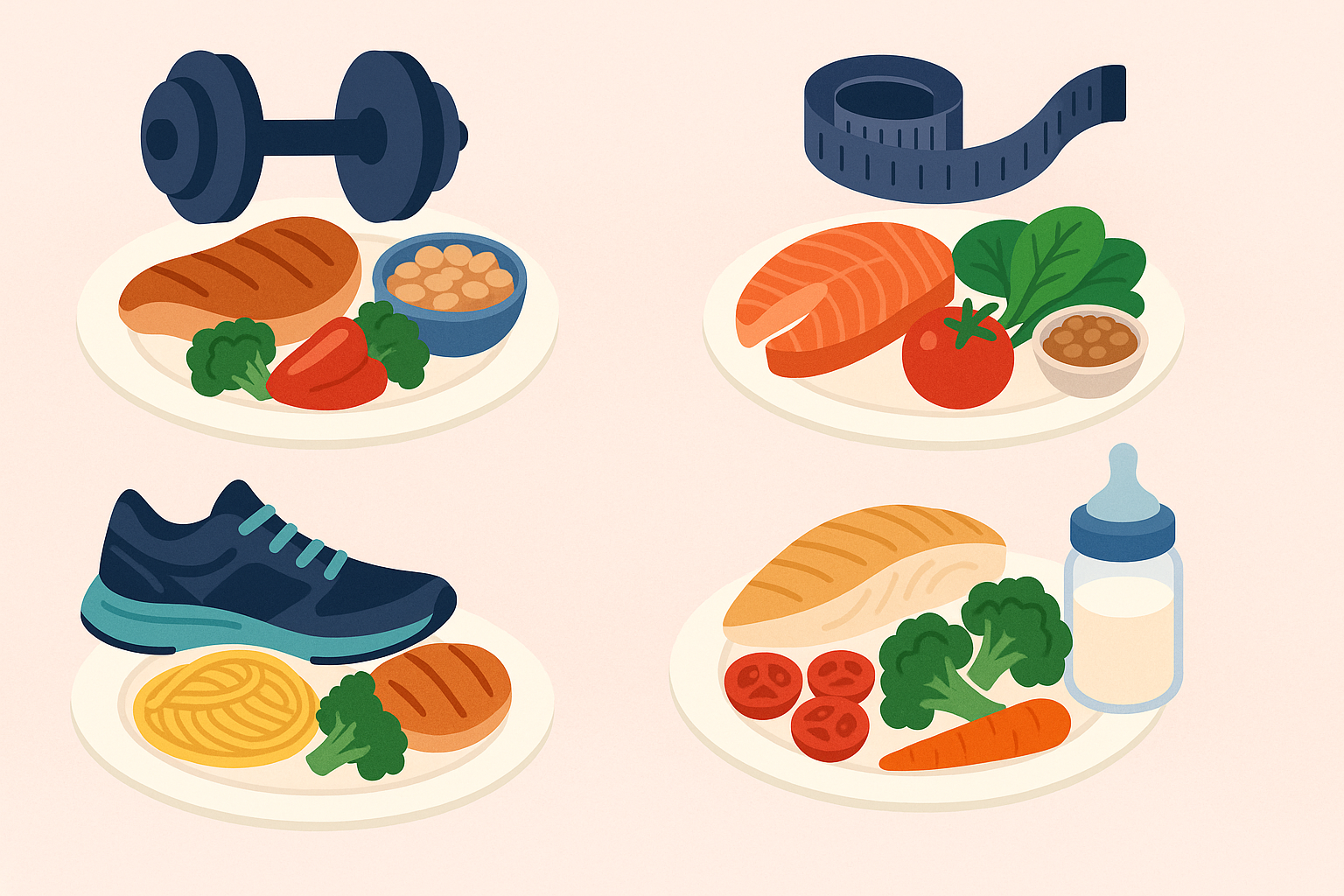 Infographic showing a healthy balanced diet for women based on four fitness goals—strength, weight loss, endurance, and postpartum recovery—with icons like dumbbells, running shoes, and a baby bottle.
