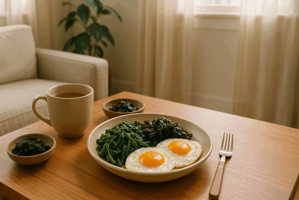 Nourishing home-cooked meal with eggs, greens, seaweed, and broth supporting a healthy balanced diet for women