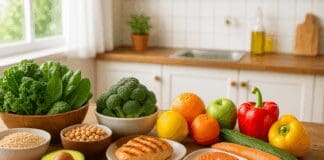 The Powerful Benefits of a Regular Diet for Long-Term Health and Nutritional Balance Fresh whole foods on a kitchen table representing a balanced regular diet, including greens, grains, fruits, salmon, and avocado.