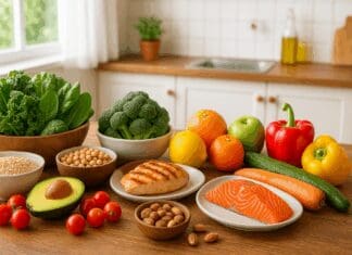 Fresh whole foods on a kitchen table representing a balanced regular diet, including greens, grains, fruits, salmon, and avocado.