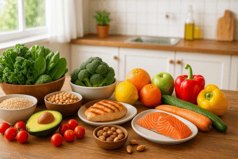 Fresh whole foods on a kitchen table representing a balanced regular diet, including greens, grains, fruits, salmon, and avocado.