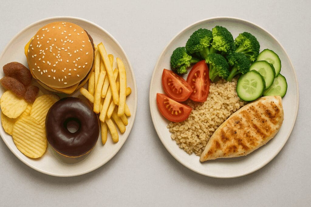 Side-by-side comparison of processed fast food and balanced whole foods illustrating the concept of a regular diet