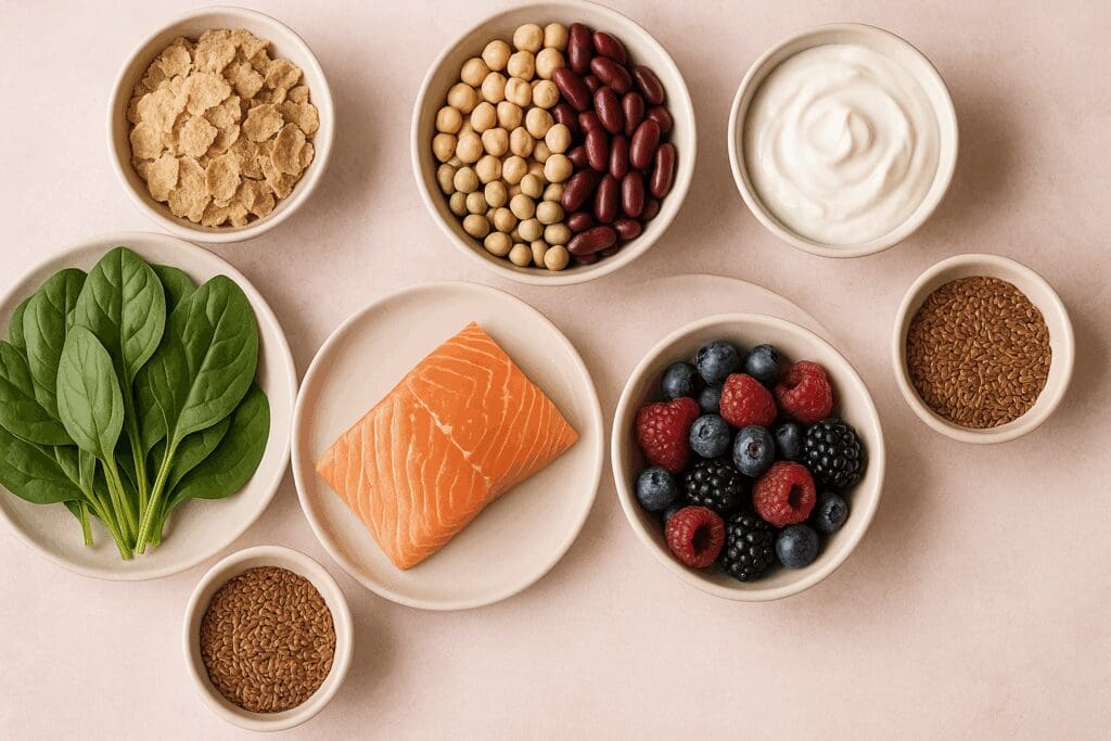 Healthy foods for a regular diet including salmon, spinach, legumes, yogurt, berries, flaxseeds, and fortified cereal arranged on a neutral table setting