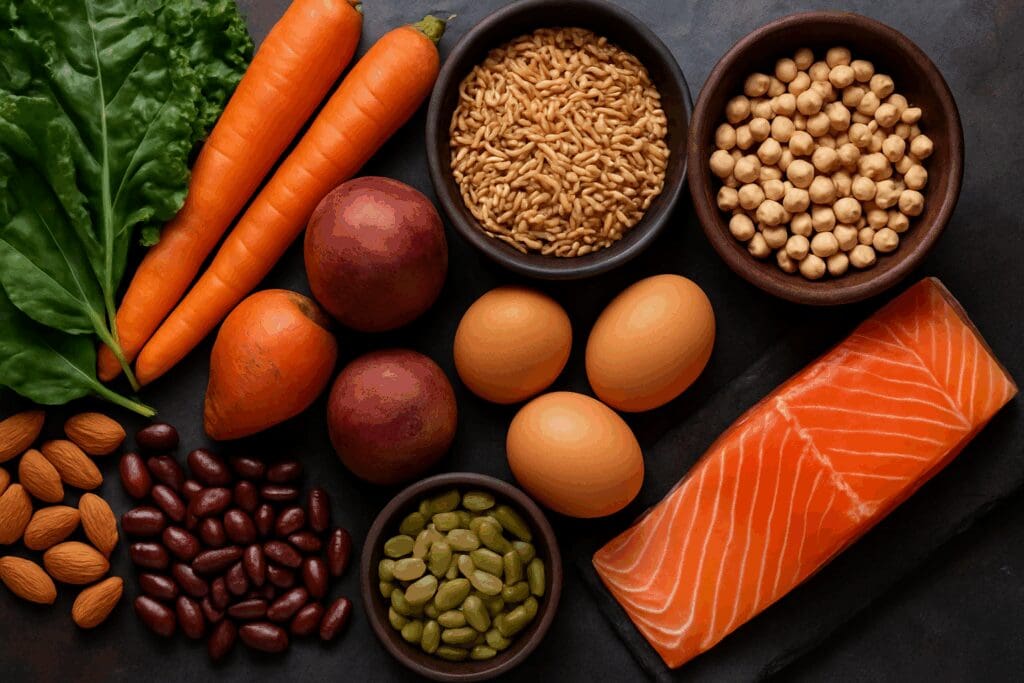 Colorful whole food diet meal plan ingredients including leafy greens, carrots, legumes, grains, eggs, and wild salmon on a rustic surface