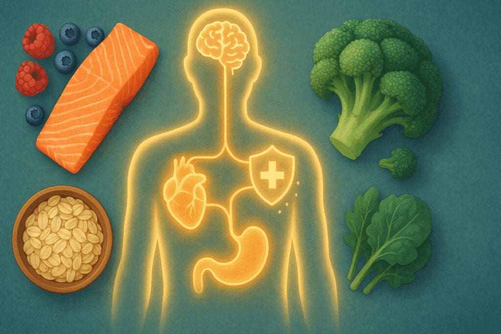 Human body silhouette with glowing heart, brain, gut, and immune system icons surrounded by salmon, oats, berries, and broccoli, symbolizing benefits of a whole food diet meal plan.