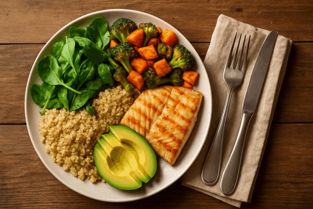 Colorful whole food diet meal plan plate with leafy greens, quinoa, grilled fish, avocado, and roasted vegetables on a rustic table.