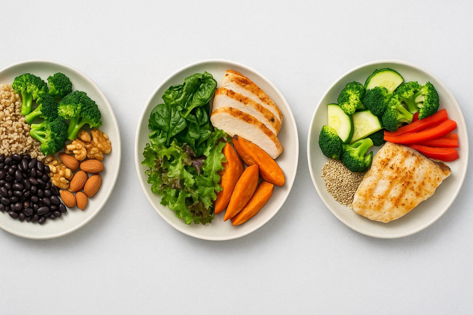 Three customized whole food diet meal plan plates—plant-based with legumes and grains, athletic with chicken and sweet potatoes, and low-glycemic with fish and vegetables.