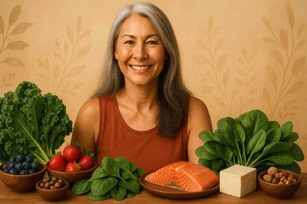 Healthy middle-aged woman smiling beside leafy greens, berries, salmon, tofu, and nuts, promoting a balanced diet for menopause