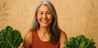 Healthy middle-aged woman smiling beside leafy greens, berries, salmon, tofu, and nuts, promoting a balanced diet for menopause