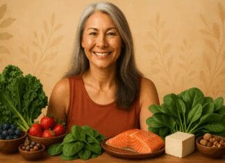 Healthy middle-aged woman smiling beside leafy greens, berries, salmon, tofu, and nuts, promoting a balanced diet for menopause