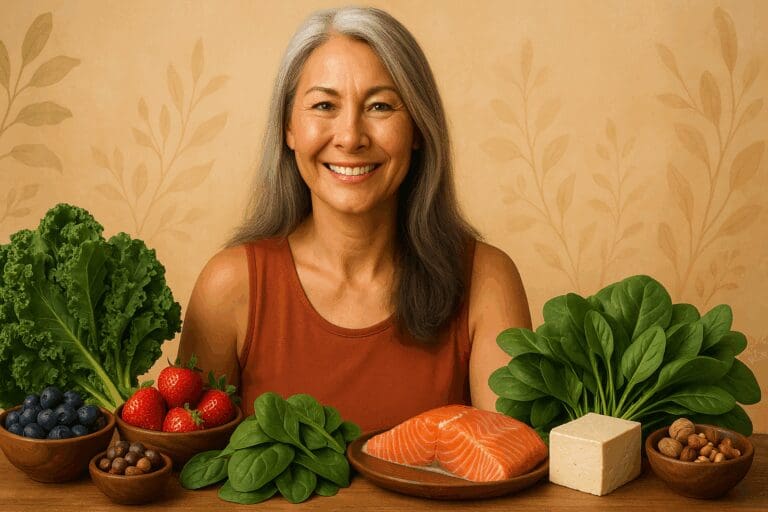 Healthy middle-aged woman smiling beside leafy greens, berries, salmon, tofu, and nuts, promoting a balanced diet for menopause