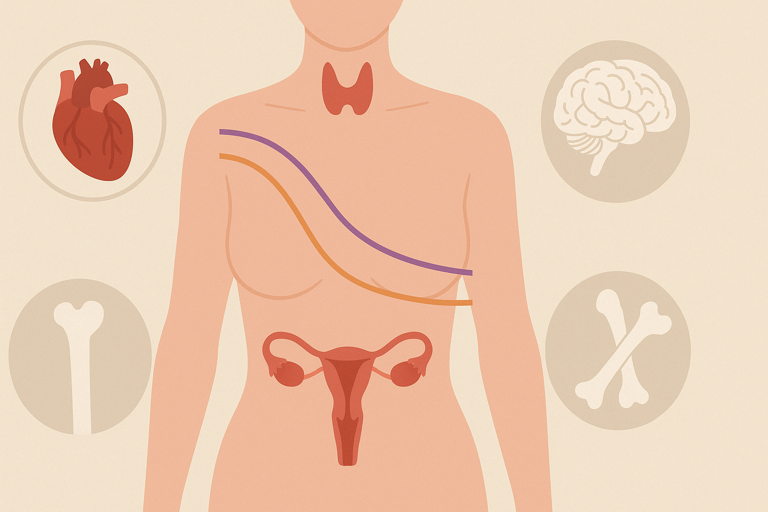 Illustrated female endocrine system showing estrogen and progesterone decline during menopause with icons of heart, brain, and bones to highlight how hormonal shifts affect diet for menopause