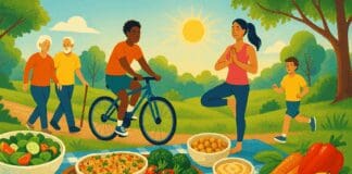People of all ages enjoying diet and exercise with yoga, biking, and a healthy picnic in a sunny park setting.