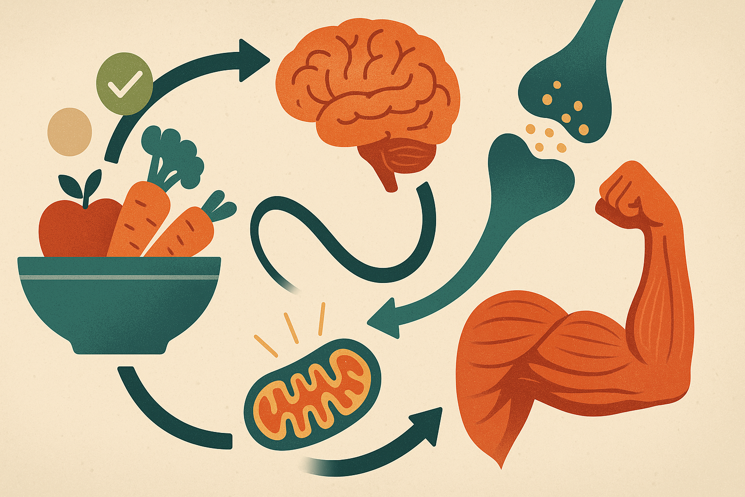 Scientific illustration showing the synergy between diet and exercise through active mitochondria, nutrient-absorbing muscles, and stimulated brain synapses.