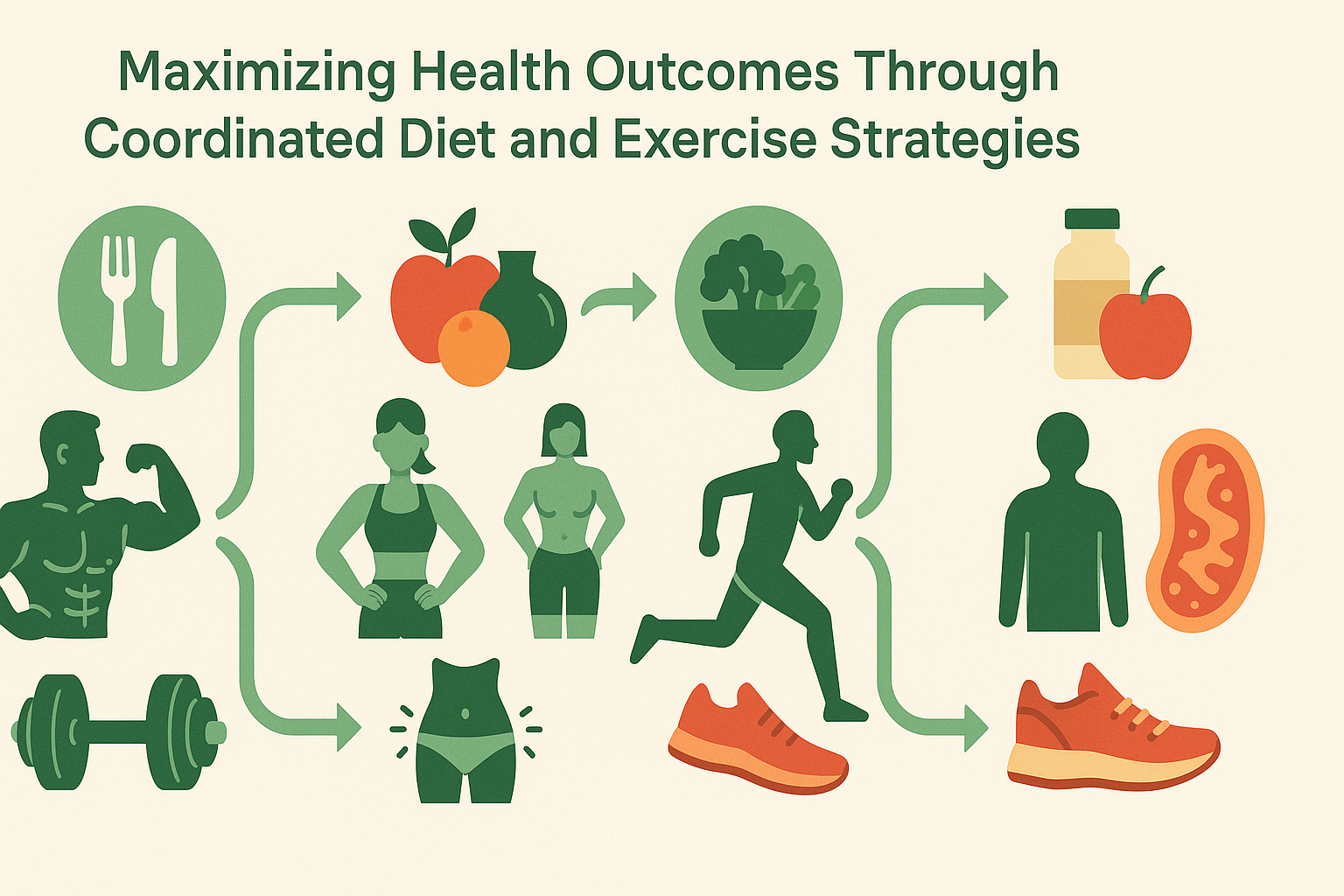 Infographic showing how diet and exercise strategies support muscle gain, fat loss, endurance, and metabolic health with fitness and nutrition icons