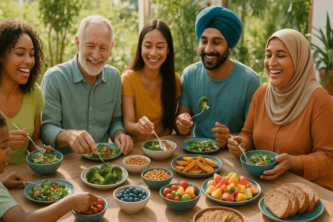 Diverse group of people sharing colorful, healthy meals at a sunny outdoor table, illustrating what does diet mean through inclusive, vibrant food choices.