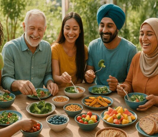 Diverse group of people sharing colorful, healthy meals at a sunny outdoor table, illustrating what does diet mean through inclusive, vibrant food choices.