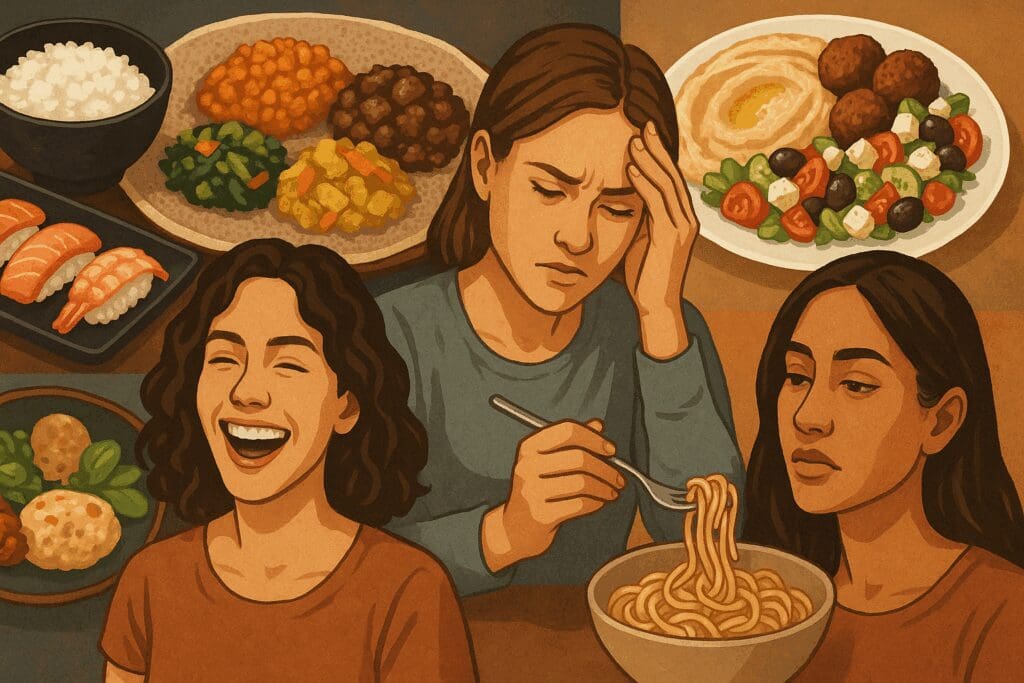 Traditional meals from Japan, Ethiopia, and the Mediterranean paired with emotional reactions to food, exploring what does diet mean culturally and psychologically.