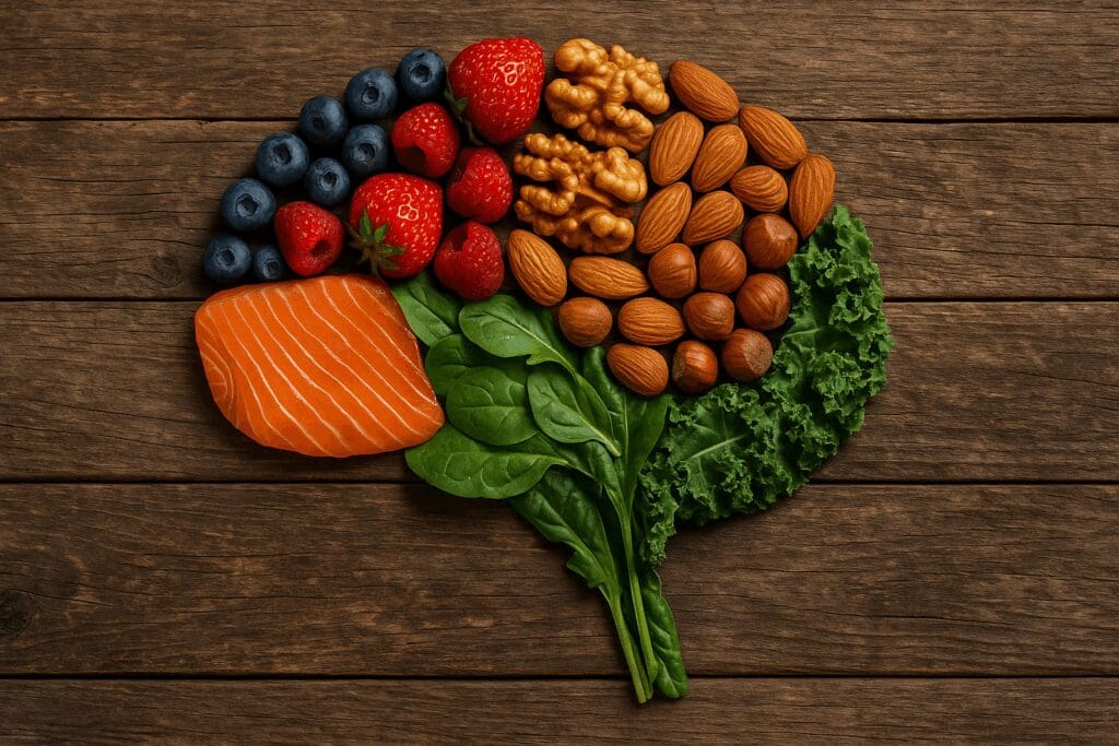 Brain-shaped arrangement of salmon, berries, nuts, and leafy greens on rustic wood, symbolizing what does diet mean for mental health.