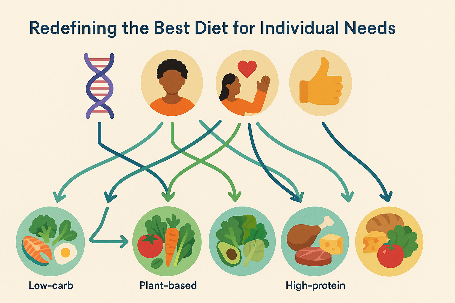Visual diagram showing personalized diet options based on genetics, culture, goals, and preferences, answering what does diet mean in diverse contexts.