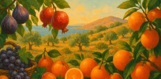 The Essential Guide to Mediterranean Fruits and Their Powerful Role in a Heart-Healthy Diet Assortment of mediterranean fruits like figs, grapes, and oranges in a coastal orchard with olive trees and sunlight