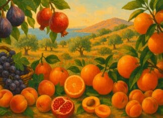 The Essential Guide to Mediterranean Fruits and Their Powerful Role in a Heart-Healthy Diet Assortment of mediterranean fruits like figs, grapes, and oranges in a coastal orchard with olive trees and sunlight