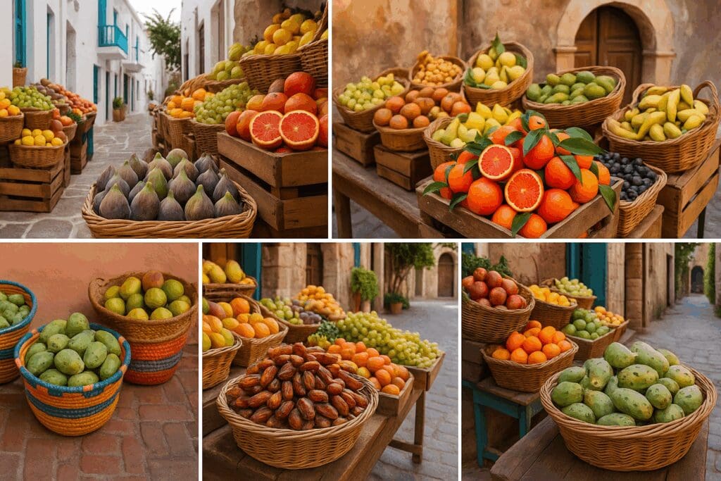Colorful display of mediterranean fruits like figs, blood oranges, dates, and prickly pears in open-air markets across Greece, Italy, Spain, Lebanon, and Morocco.