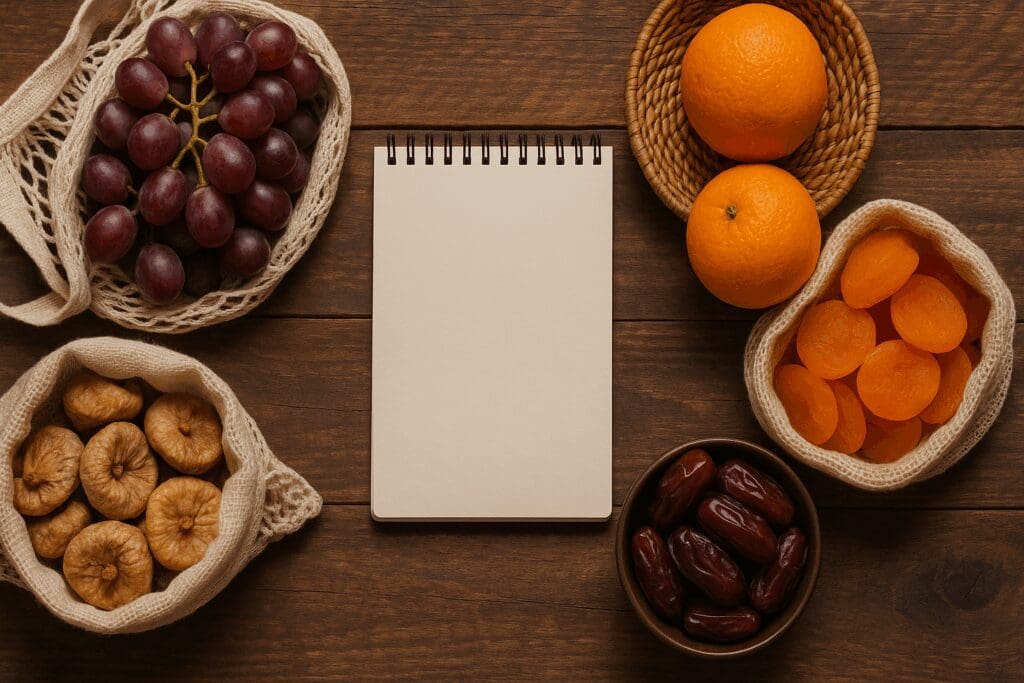 Rustic kitchen counter with reusable bags of mediterranean fruits like grapes, figs, oranges, apricots, and dates beside a blank grocery list.