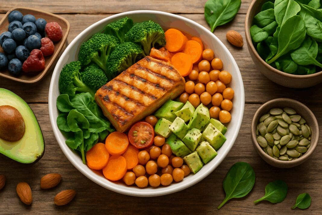 Colorful plant-based meal with grilled tofu, legumes, leafy greens, avocado, and berries on a rustic table, promoting a no red meat diet