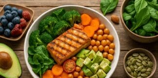 The Vital Health Benefits of a No Red Meat Diet and How to Start One Safely Colorful plant-based meal with grilled tofu, legumes, leafy greens, avocado, and berries on a rustic table, promoting a no red meat diet