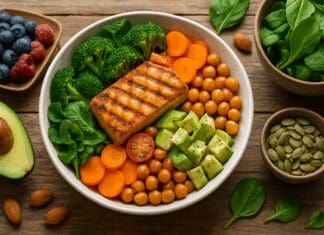 The Vital Health Benefits of a No Red Meat Diet and How to Start One Safely Colorful plant-based meal with grilled tofu, legumes, leafy greens, avocado, and berries on a rustic table, promoting a no red meat diet