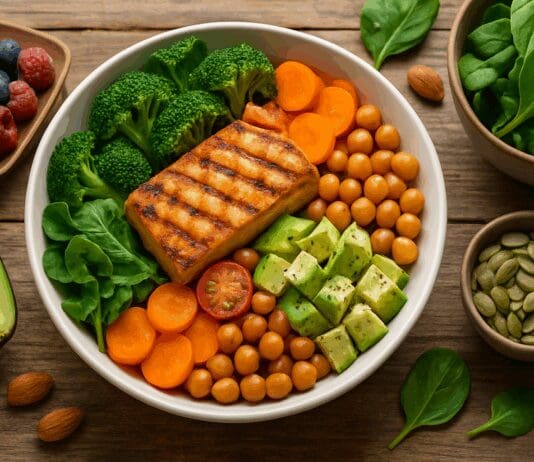 Colorful plant-based meal with grilled tofu, legumes, leafy greens, avocado, and berries on a rustic table, promoting a no red meat diet