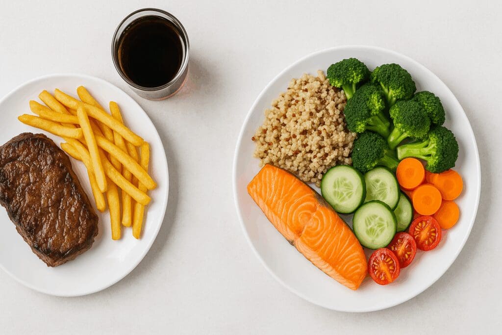 Side-by-side comparison of a typical meal with red meat, fries, and soda versus a colorful, nutrient-rich plate of salmon, quinoa, and vegetables promoting a no red meat diet