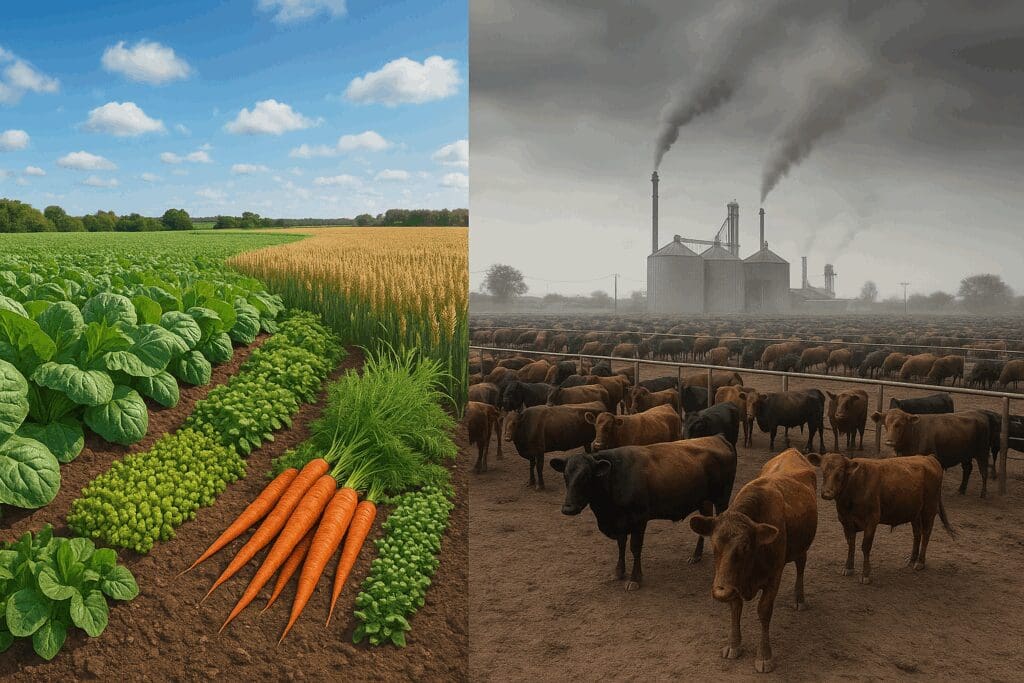 Split landscape contrasting a green plant-based farm and a polluted cattle feedlot, illustrating environmental benefits of a no red meat diet.