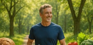 Fit man in his 50s walking in a sunny park with fresh whole foods, symbolizing the best diet for men over 50
