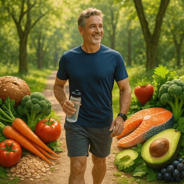Fit man in his 50s walking in a sunny park with fresh whole foods, symbolizing the best diet for men over 50