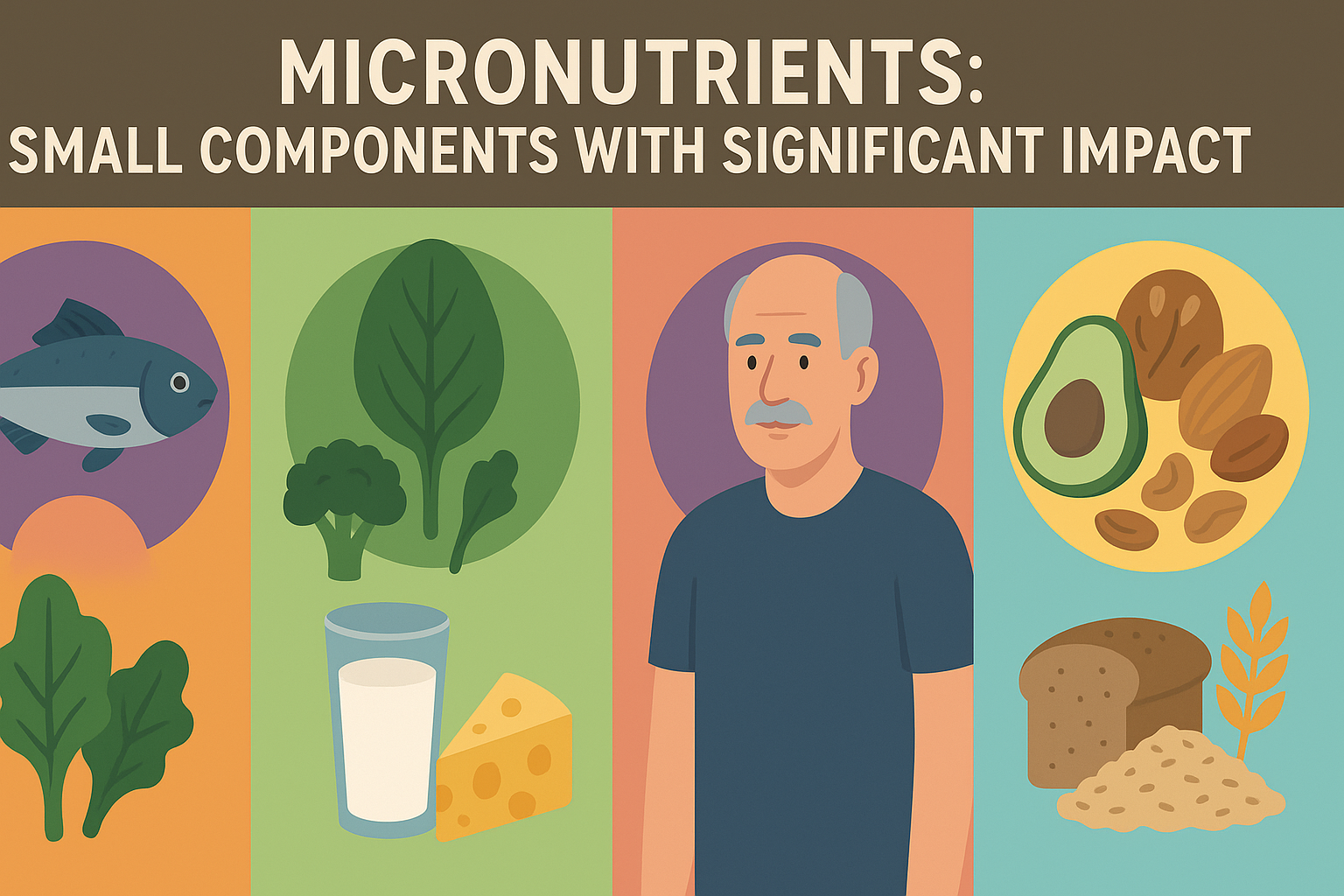 Color-coded infographic showing foods rich in vitamin D, calcium, magnesium, zinc, and B vitamins as part of the best diet for men over 50