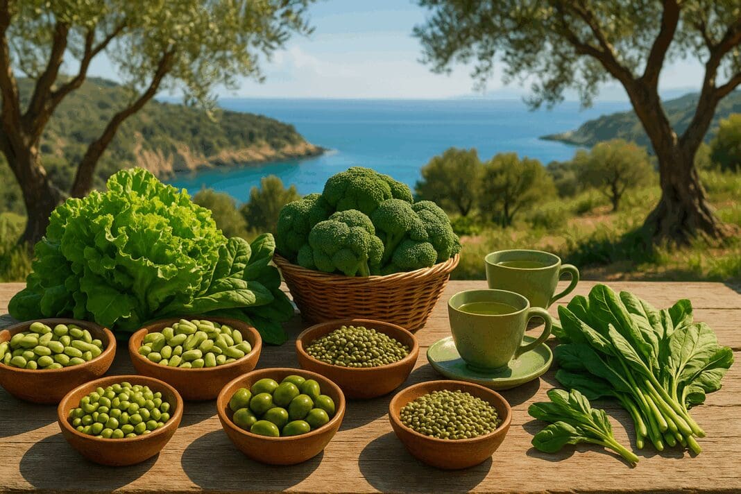 Rustic Mediterranean table with leafy greens, legumes, olives, and green tea overlooking the sea, illustrating a green med diet.
