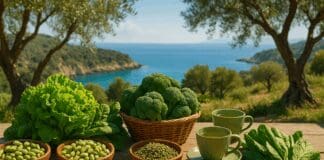 The Essential Health Benefits of the Green Med Diet for Long-Term Wellness Rustic Mediterranean table with leafy greens, legumes, olives, and green tea overlooking the sea, illustrating a green med diet.