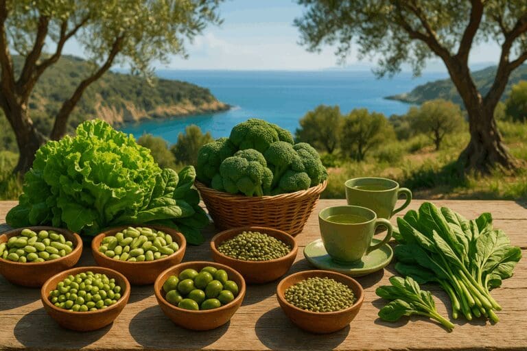 Rustic Mediterranean table with leafy greens, legumes, olives, and green tea overlooking the sea, illustrating a green med diet.
